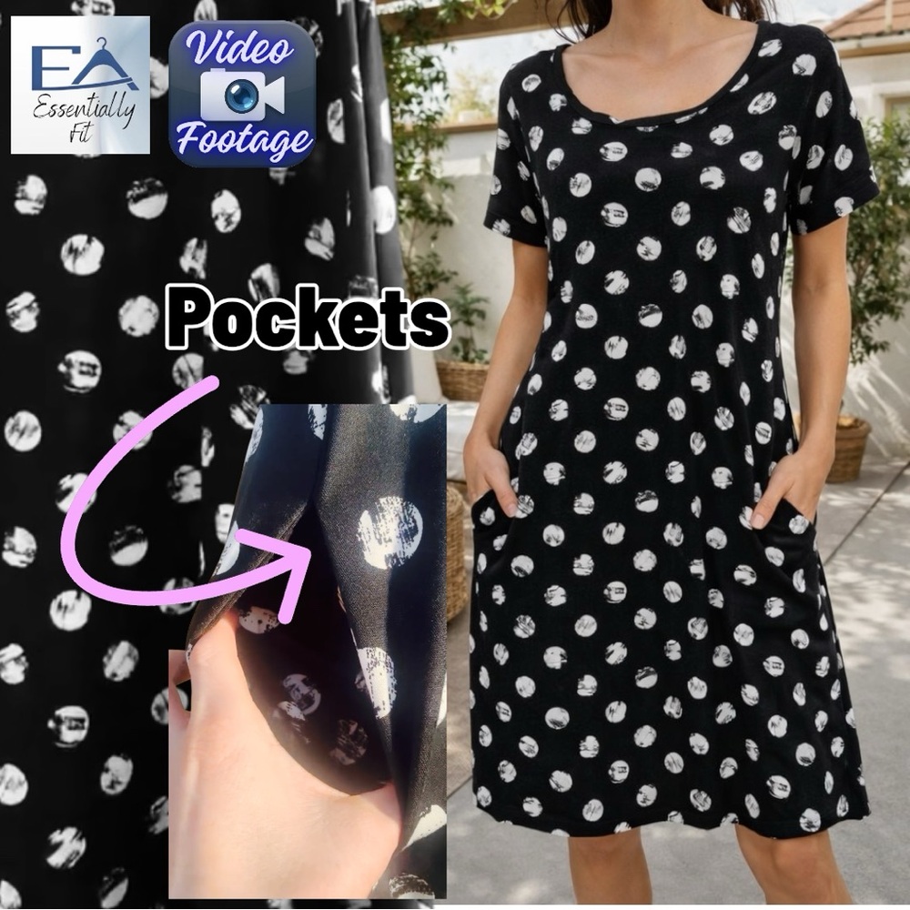 LuLaRoe Black & White Polka Dot Carly Swing Dress L Knit Pockets Hi-Low Hem